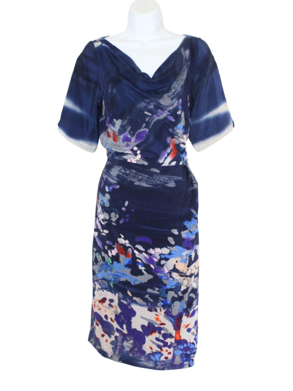Anthropologie Coquille silk sheath knee length dress watercolor blue cowl neck